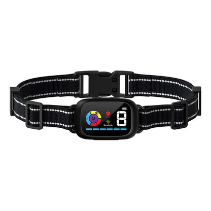 Black smart automatic anti-bark dog collar with digital display and adjustable nylon strap