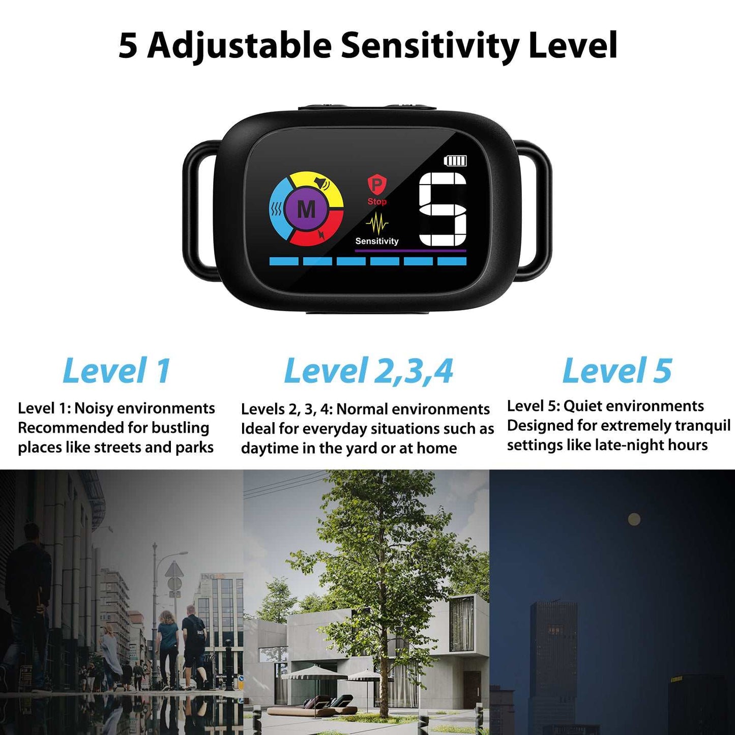 Automatic anti-bark dog collar with 5 adjustable sensitivity levels for different environments and digital display