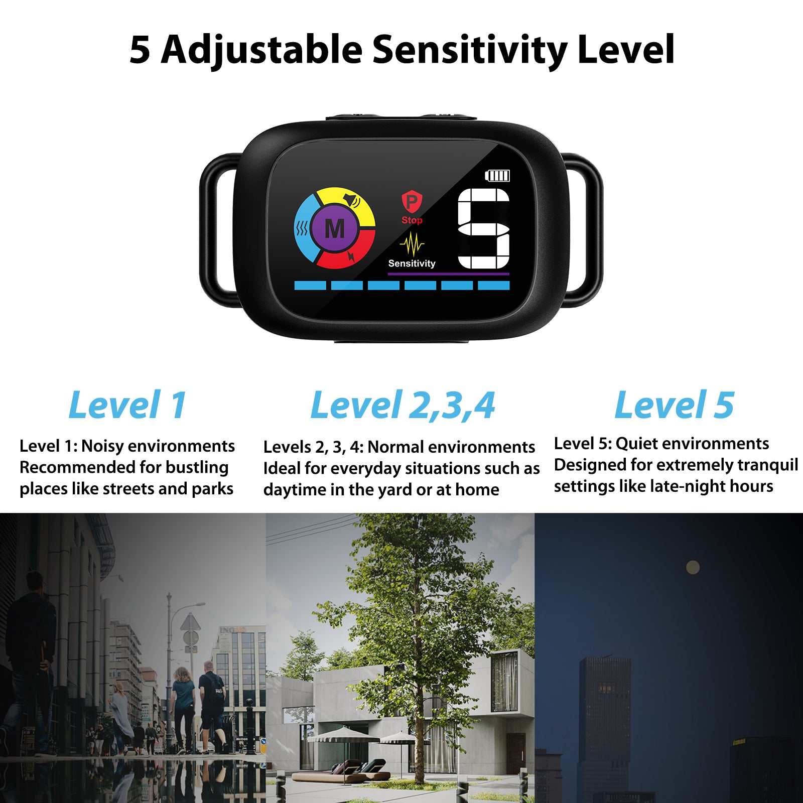 Automatic anti-bark dog collar with 5 adjustable sensitivity levels for different environments and digital display