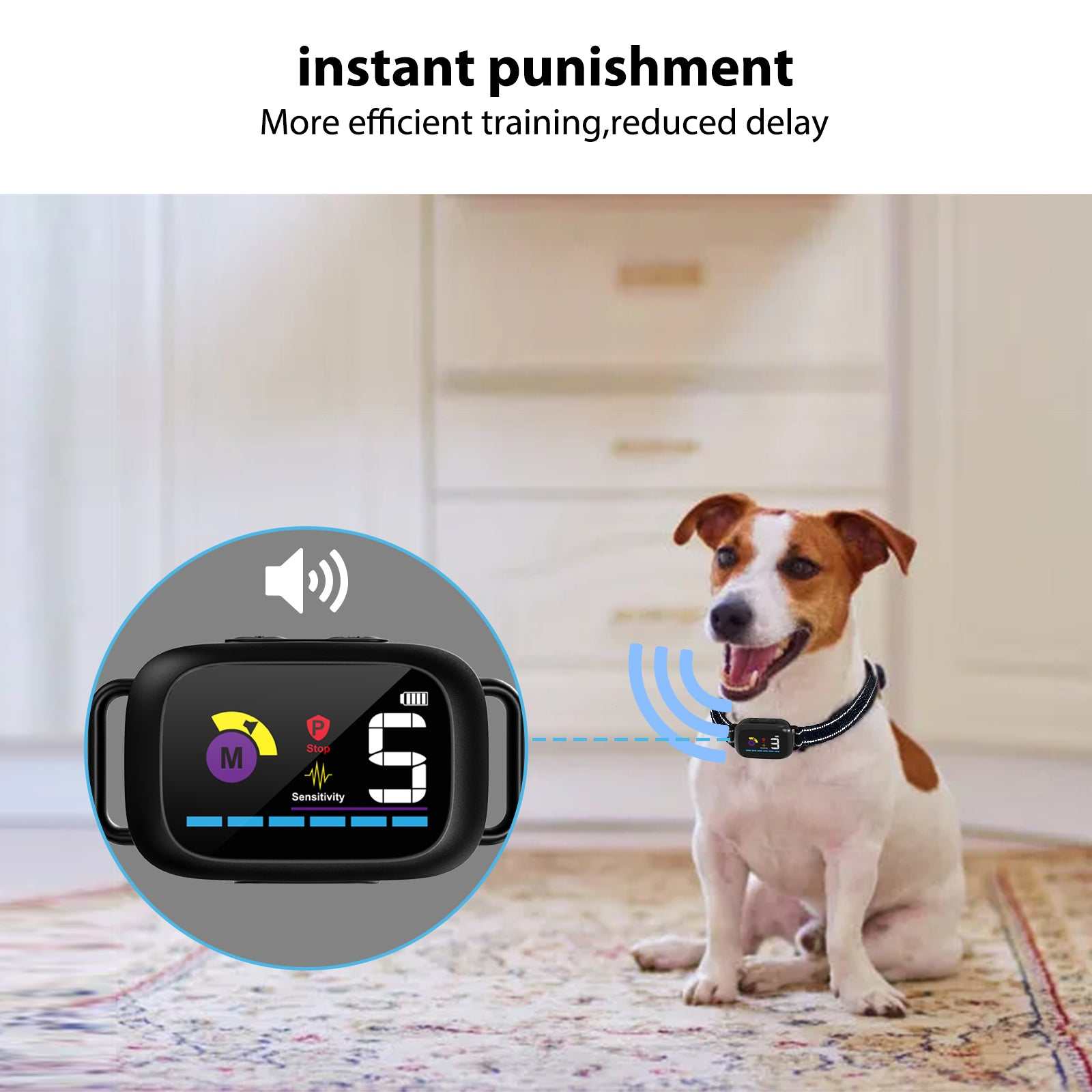 Automatic Anti-Bark Dog Collar B630 with adjustable sensitivity and Type-C rechargeable battery shown on a dog indoors