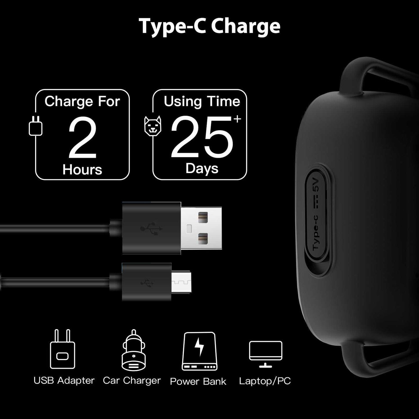 Automatic Anti-Bark Dog Collar with Type-C rechargeable battery lasting 25 days, compatible with USB adapter, car charger, power bank, and laptop.