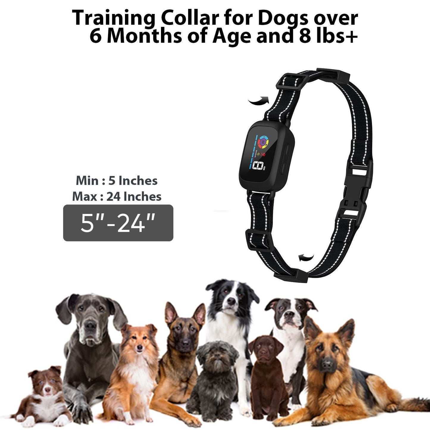 Automatic Anti-Bark Dog Collar B630 with adjustable nylon strap and digital display for dogs 8 lbs and up, waterproof and rechargeable.