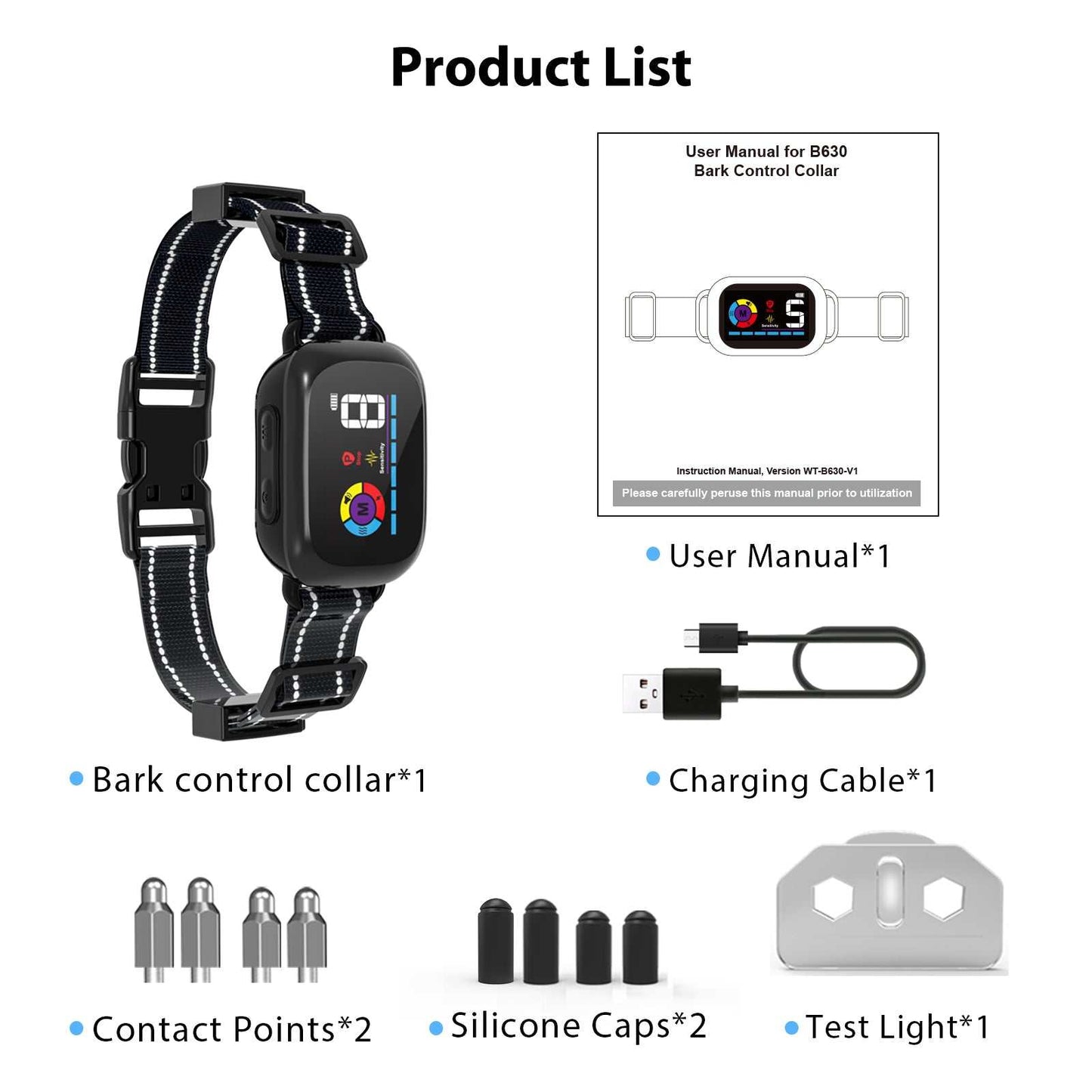 Automatic anti-bark dog collar set with adjustable sensitivity, Type-C rechargeable, waterproof, includes collar, user manual, charging cable, contact points, silicone caps, and test light