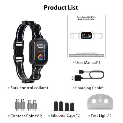 Automatic anti-bark dog collar set with adjustable sensitivity, Type-C rechargeable, waterproof, includes collar, user manual, charging cable, contact points, silicone caps, and test light
