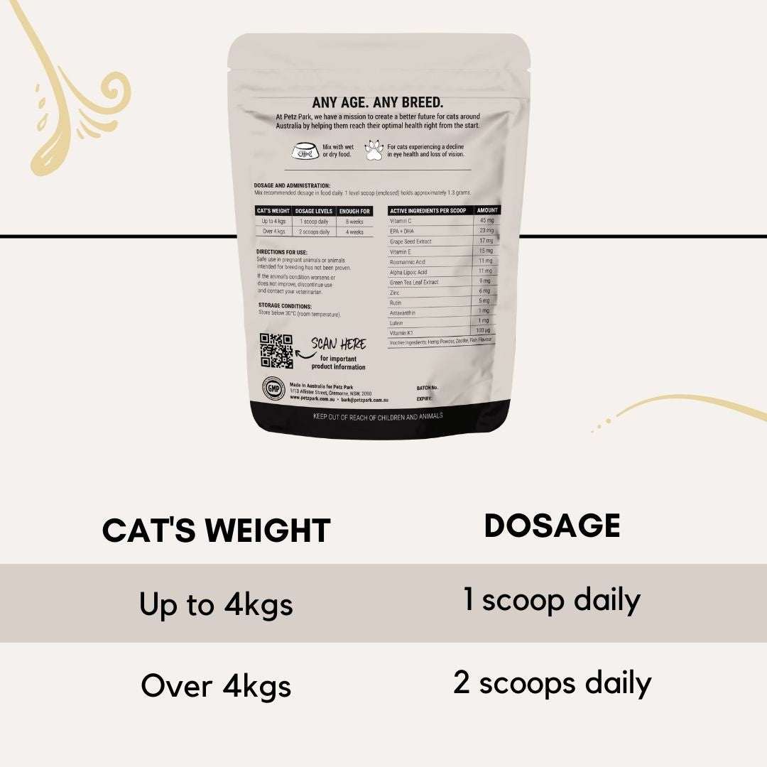 PetzPark Eye Support for Cats powder supplement pouch with dosage instructions for cat weight