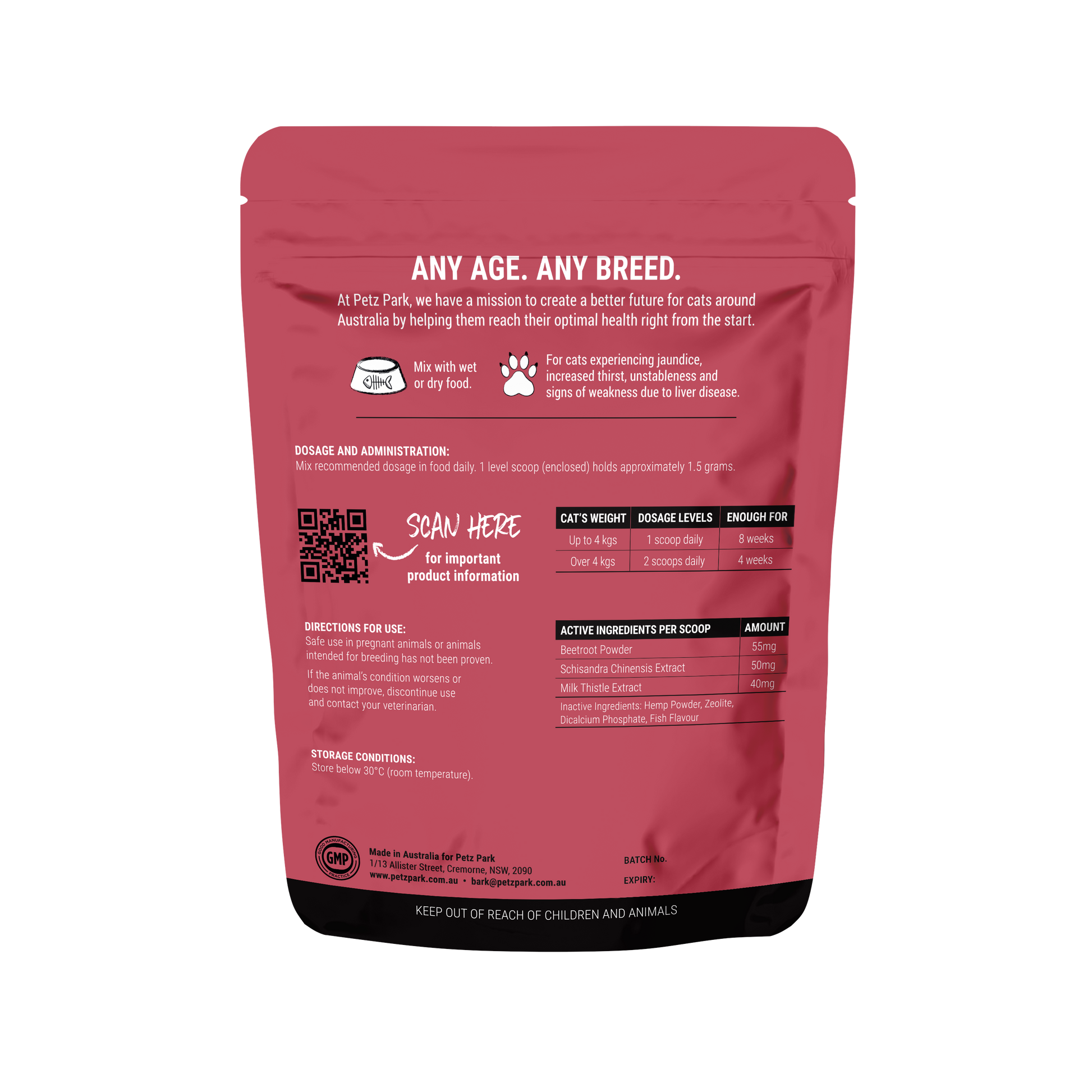 PetzPark Liver Support for Cats powder pouch with dosage and ingredient details on the back
