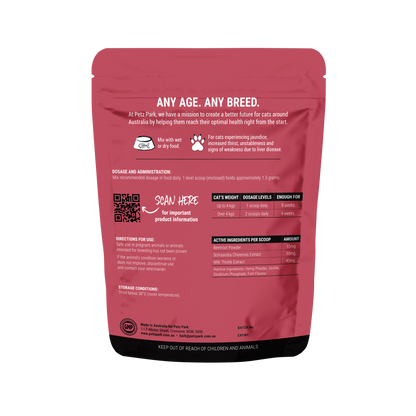 PetzPark Liver Support for Cats powder pouch with dosage and ingredient details on the back
