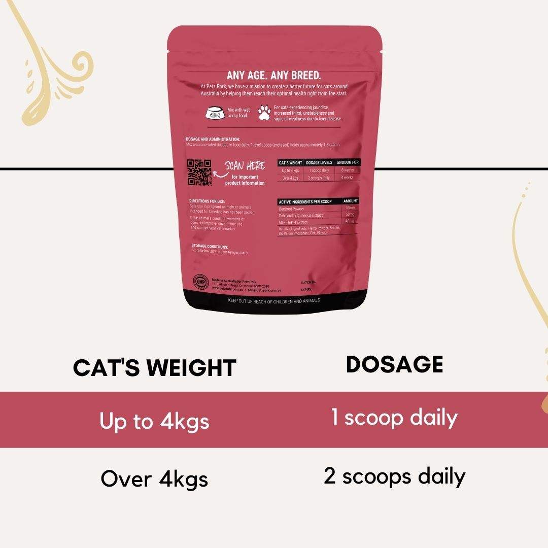Pouch of PetzPark Liver Support powder for cats with dosage instructions based on cat's weight