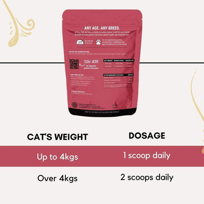 Pouch of PetzPark Liver Support powder for cats with dosage instructions based on cat's weight