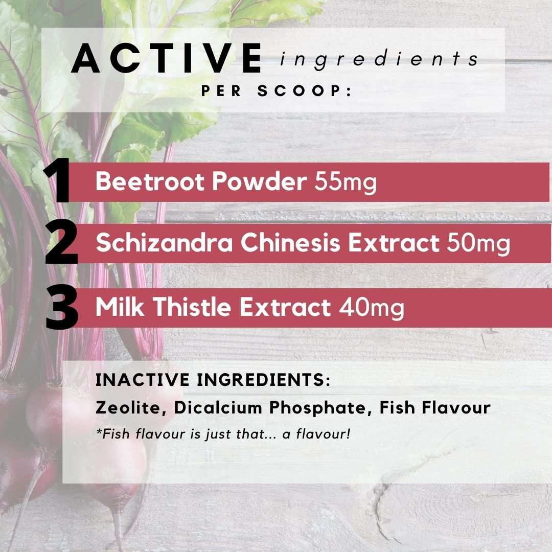 PetzPark Liver Support for Cats powder with beetroot, schizandra chinensis, and milk thistle extract active ingredients.