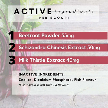 PetzPark Liver Support for Cats powder with beetroot, schizandra chinensis, and milk thistle extract active ingredients.