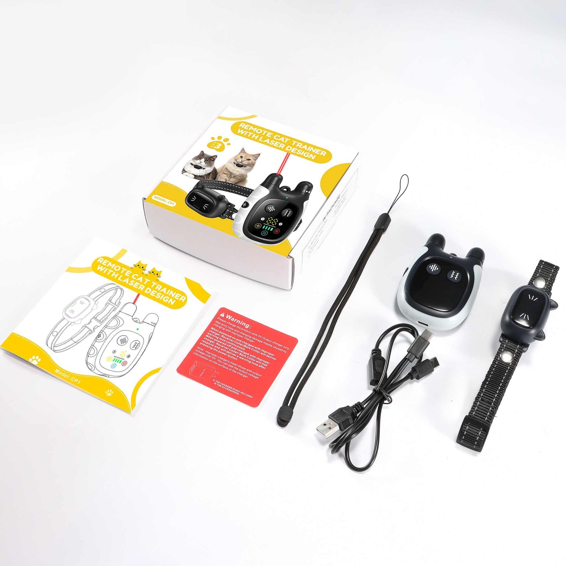 Advanced Remote Cat Trainer with laser play, tone and vibration modes, including wrist strap, USB charger, and cat tracker.