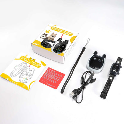 Advanced Remote Cat Trainer with laser play, tone and vibration modes, including wrist strap, USB charger, and cat tracker.
