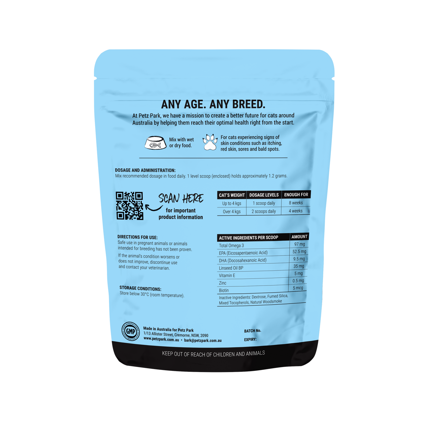 PetzPark Skin and Coat for Cats supplement powder with Omega-3, Vitamin E, Zinc and Biotin for shiny, healthy fur and soothing sensitive skin.