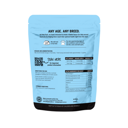 PetzPark Skin and Coat for Cats supplement powder with Omega-3, Vitamin E, Zinc and Biotin for shiny, healthy fur and soothing sensitive skin.