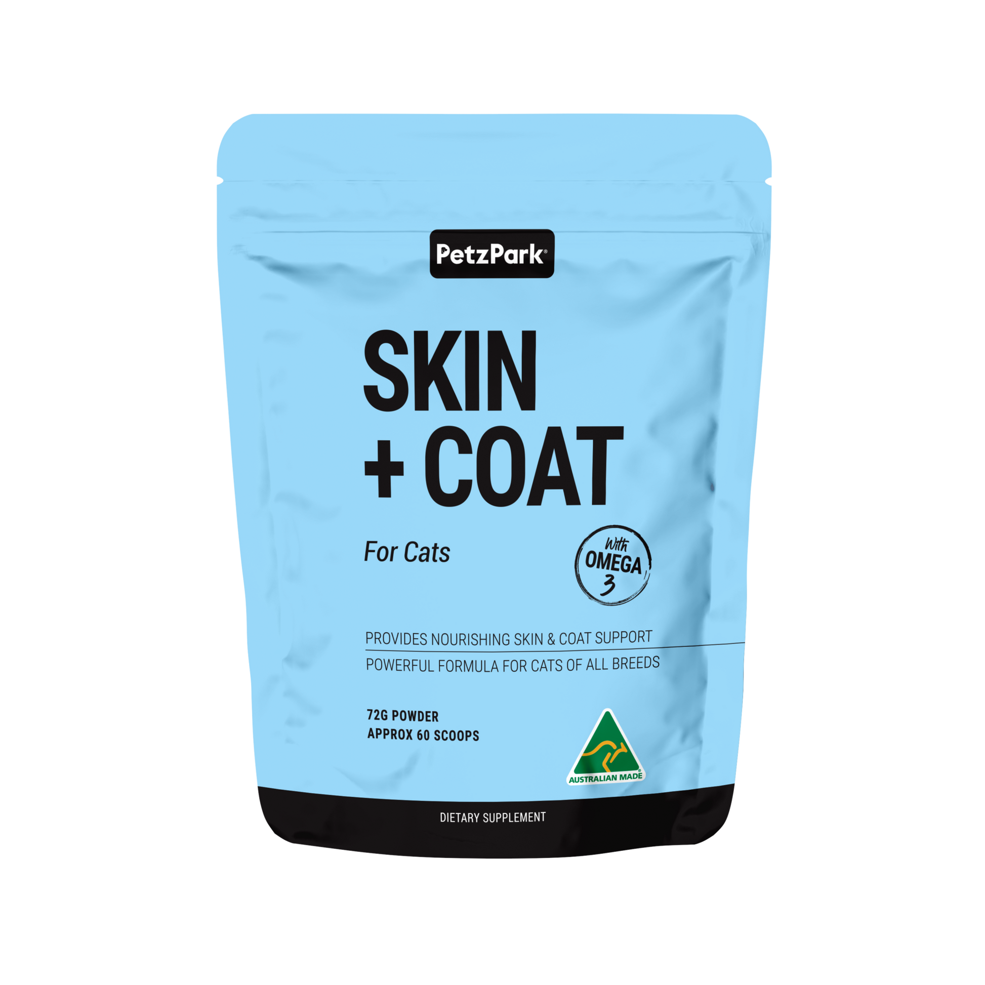 PetzPark Skin + Coat for Cats supplement powder with Omega-3 for healthy skin and shiny coat, Australian made.