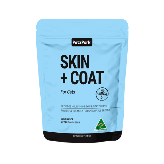 PetzPark Skin + Coat for Cats supplement powder with Omega-3 for healthy skin and shiny coat, Australian made.