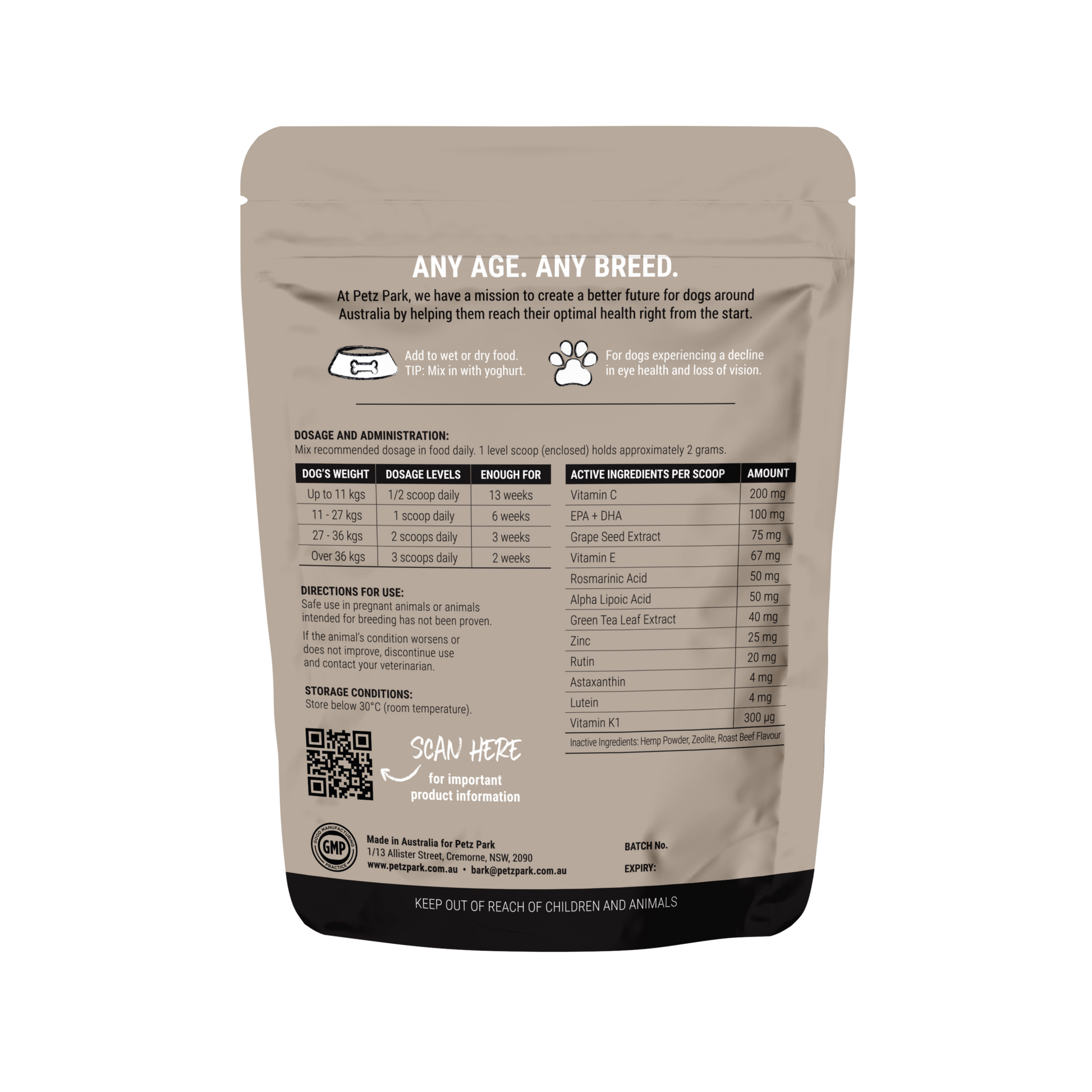 PetzPark Eye Support for Dogs 90g powder pouch with dosage instructions and active ingredients for canine eye health.