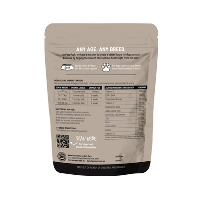 PetzPark Eye Support for Dogs 90g powder pouch with dosage instructions and active ingredients for canine eye health.