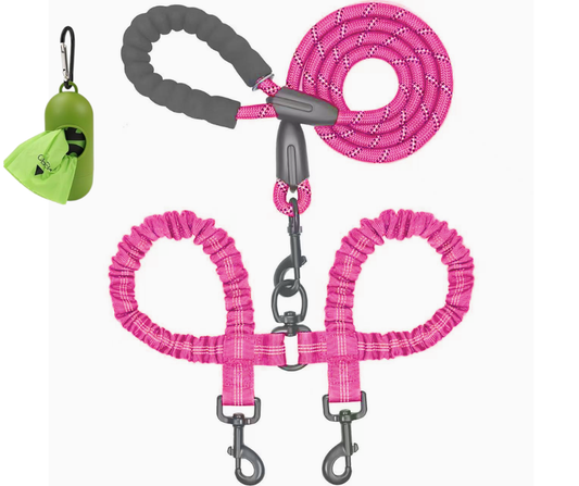 Dual bungee rope leash for walking two dogs with padded handles and tangle-free swivel clasp