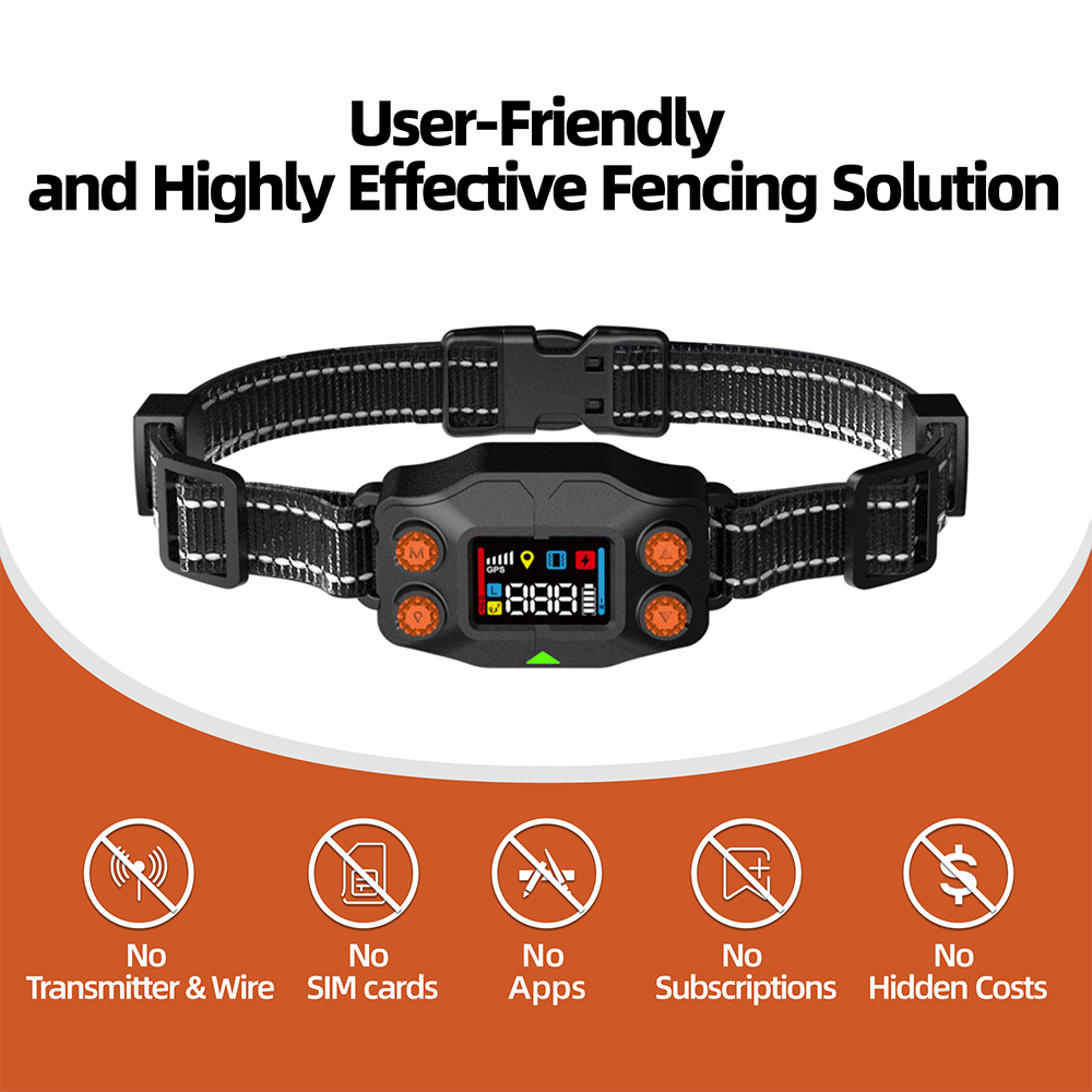 F830 GPS Wireless Dog Fence collar with adjustable black strap and color display, no wires or apps needed, user-friendly pet containment solution