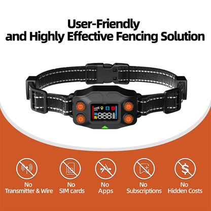 F830 GPS Wireless Dog Fence collar with adjustable black strap and color display, no wires or apps needed, user-friendly pet containment solution