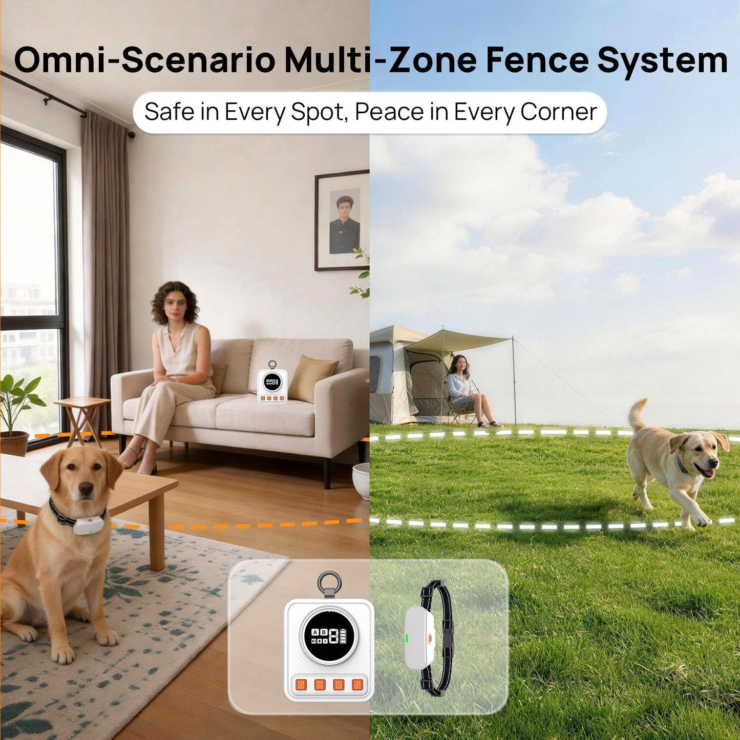 Wireless pet barrier system with transmitter and collar receiver for indoor and outdoor pet safety