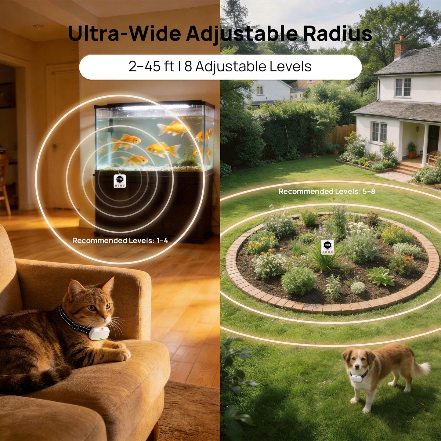 Wireless pet barrier system with transmitter and collar receiver for indoor and outdoor pet safety