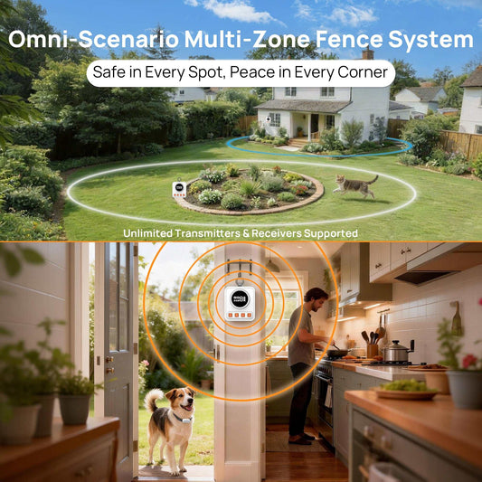 Wireless pet barrier system with transmitter and collar receiver for indoor and outdoor pet safety