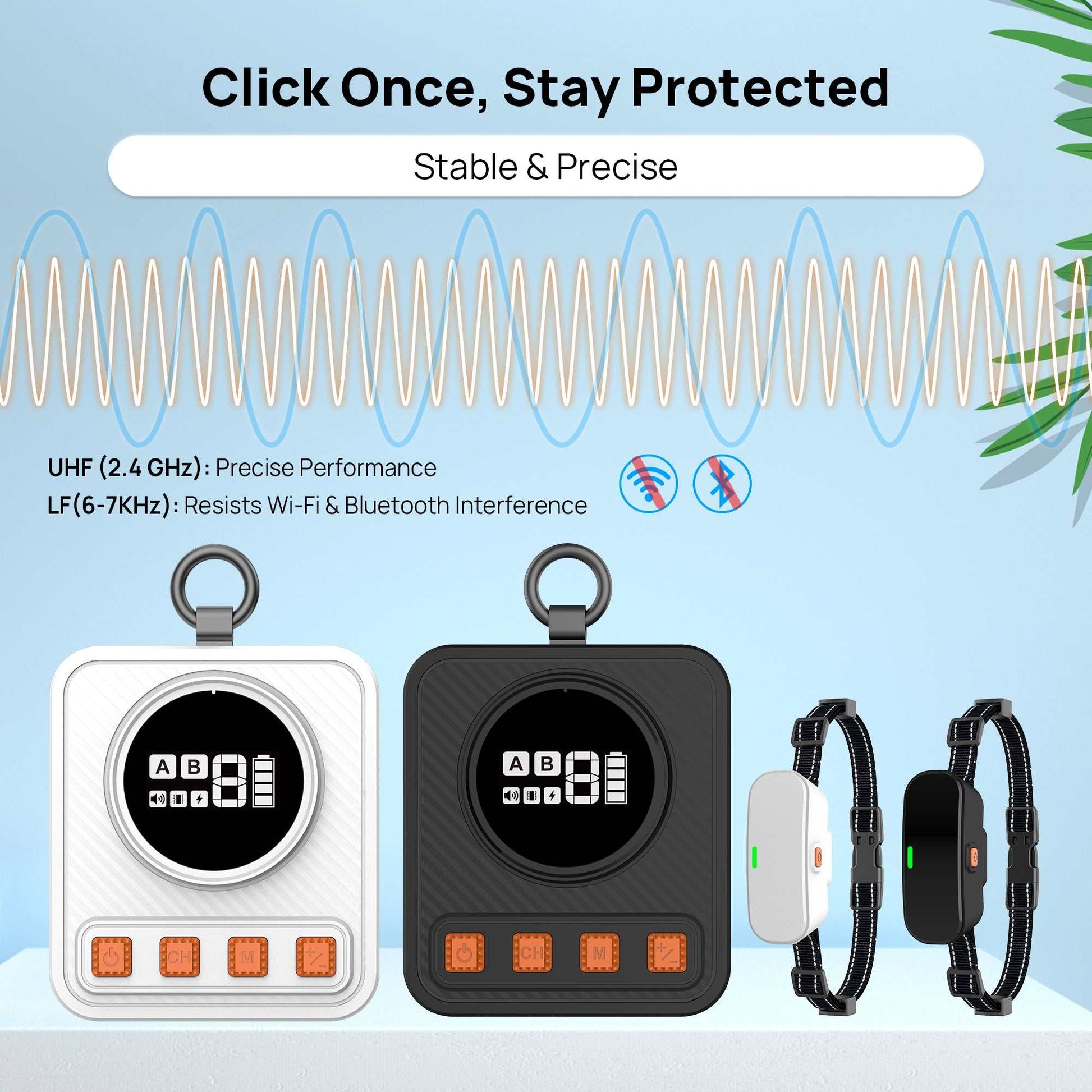 Wireless pet barrier system components including transmitter, collar receiver, and accessories for indoor and outdoor pet safety