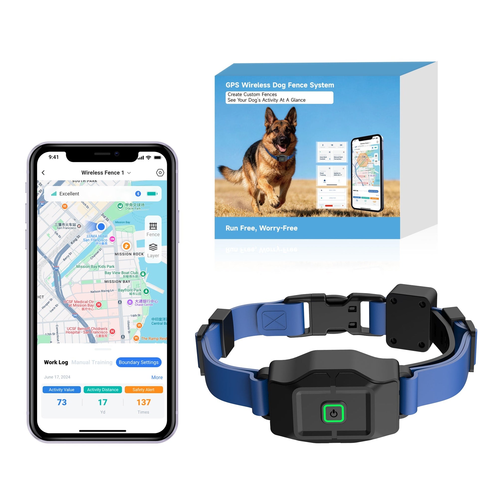 GPS wireless dog fence collar with app control and rechargeable waterproof design