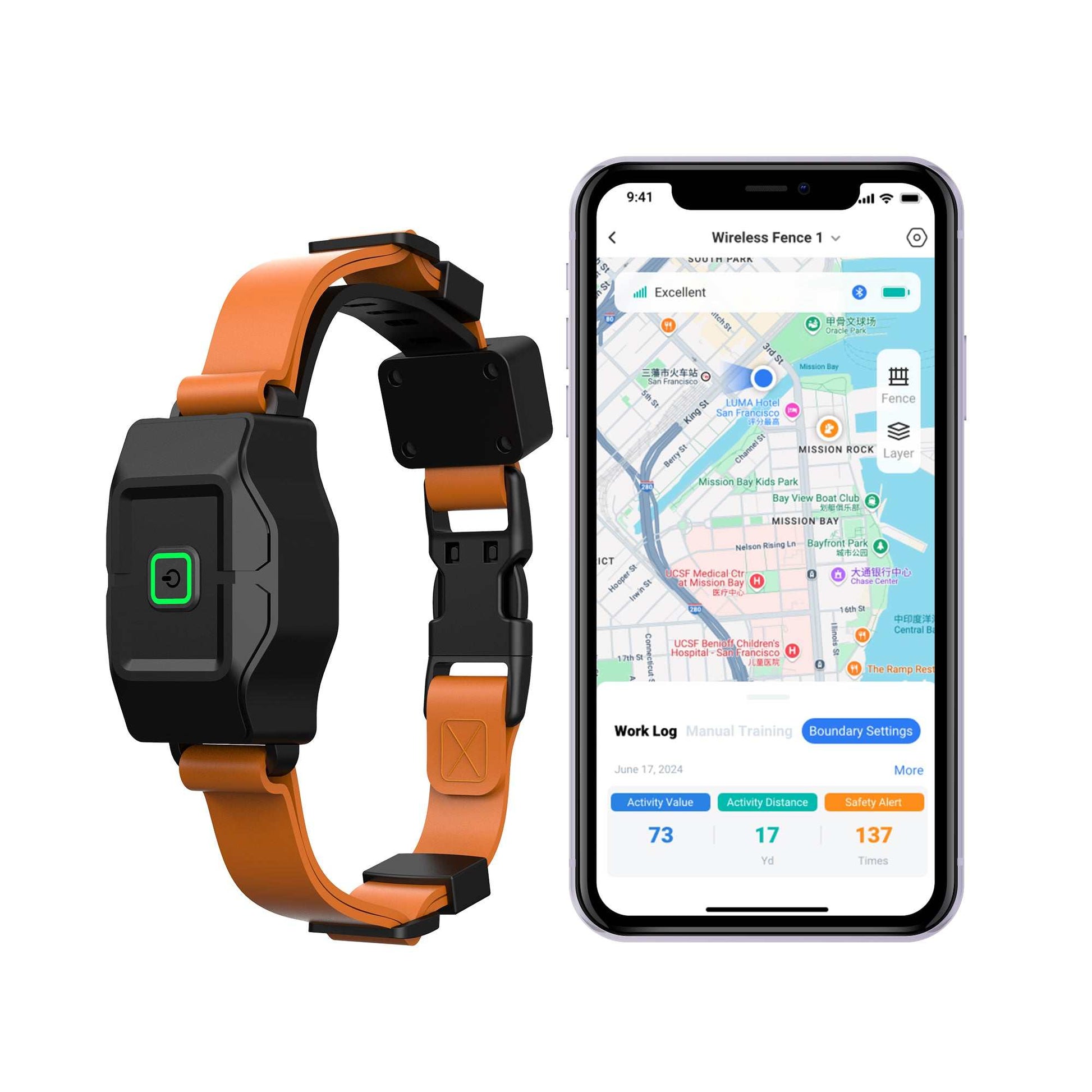 GPS Wireless Dog Fence Collar with smartphone app for virtual pet boundary control and training
