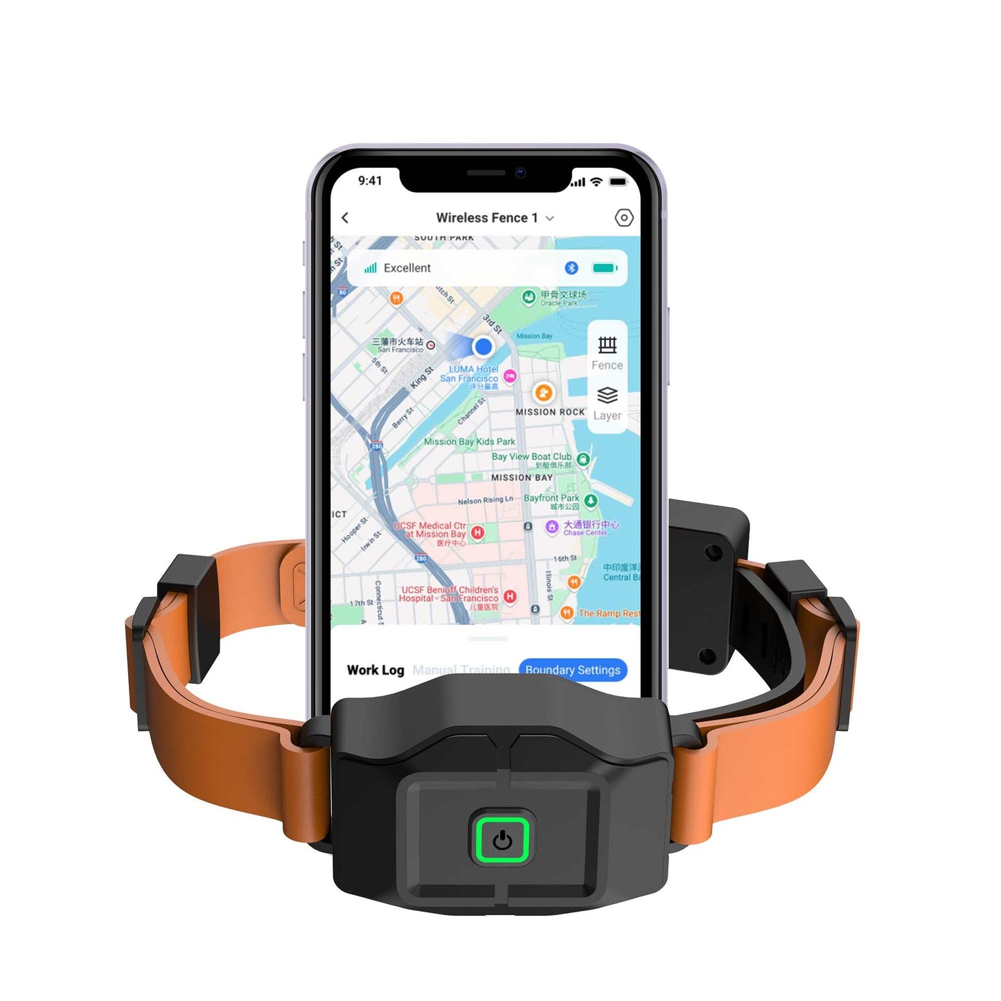 GPS wireless dog fence collar with smartphone app and rechargeable waterproof receiver for pet boundary control