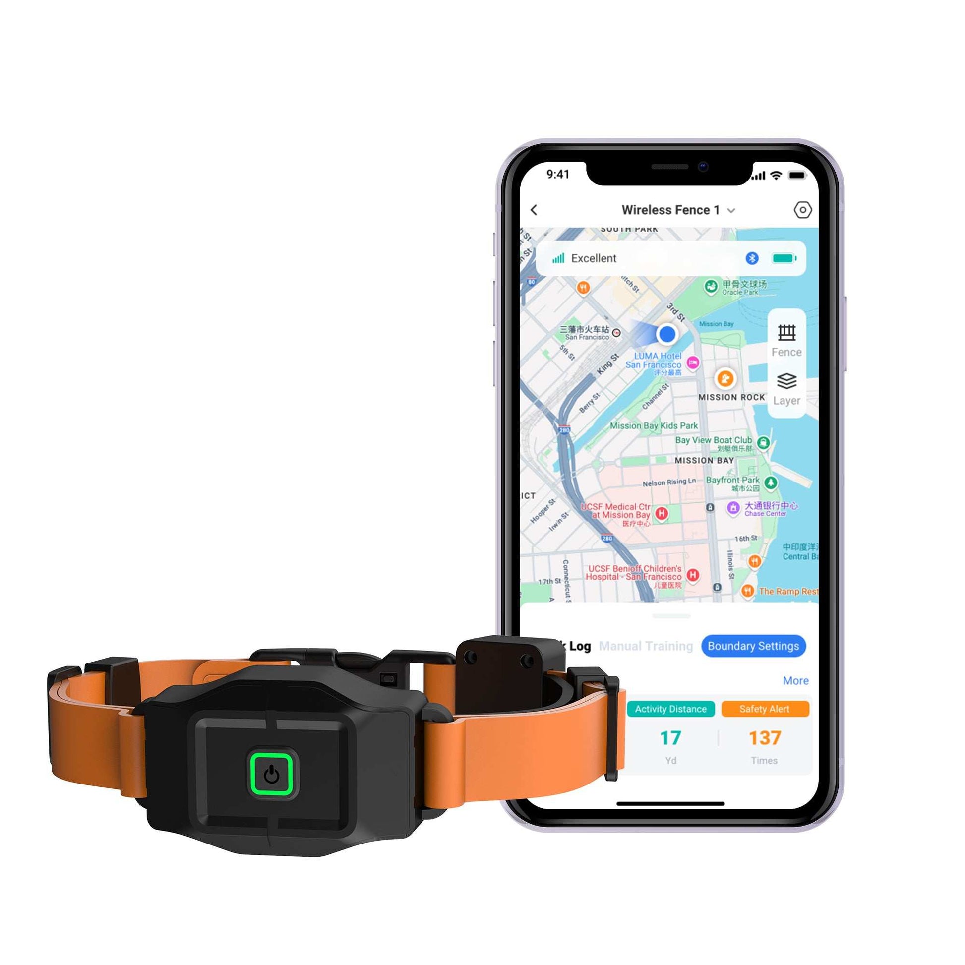 GPS wireless dog fence collar with phone app for virtual pet boundary control
