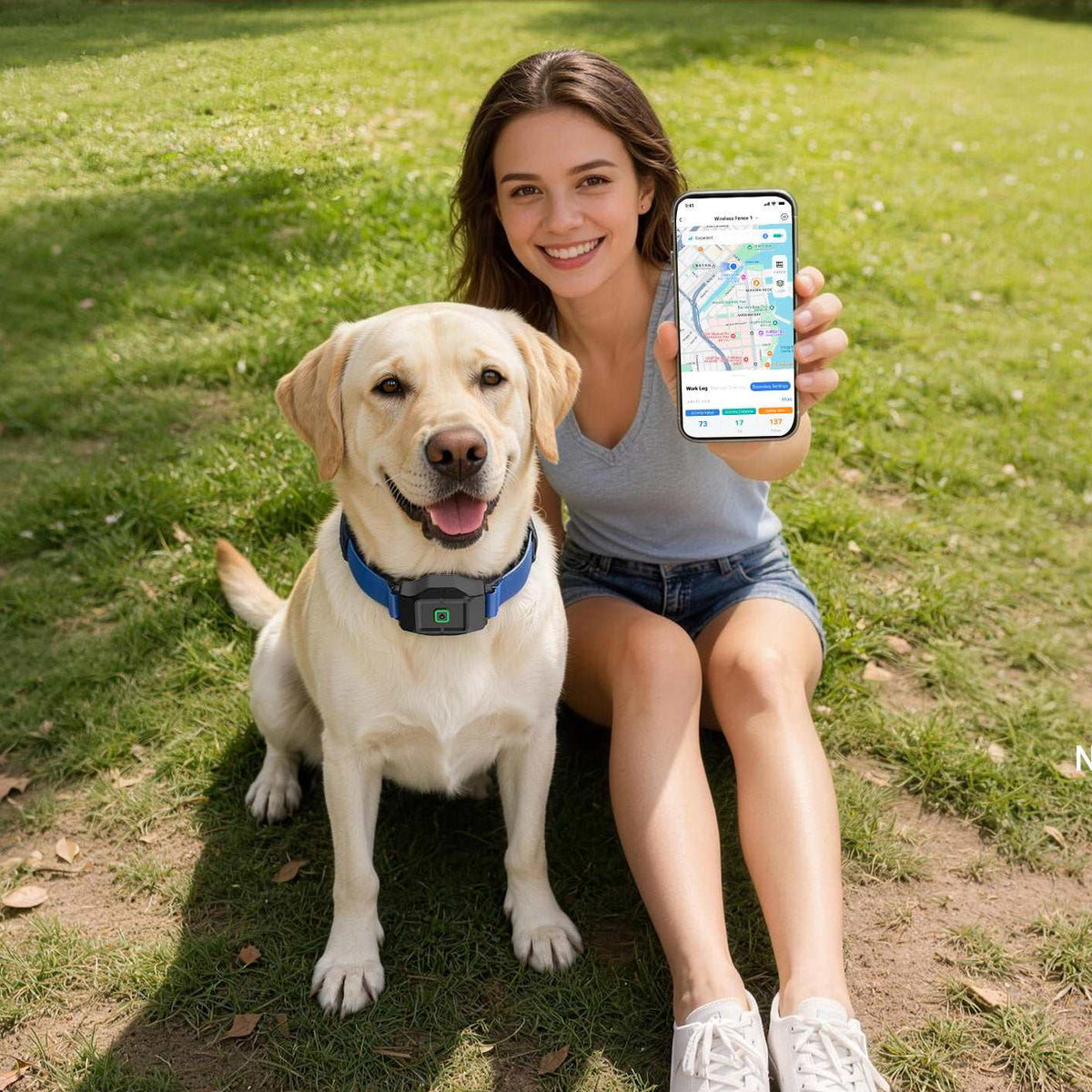 Dog wearing a connected tracking collar during an outdoor walk with its owner