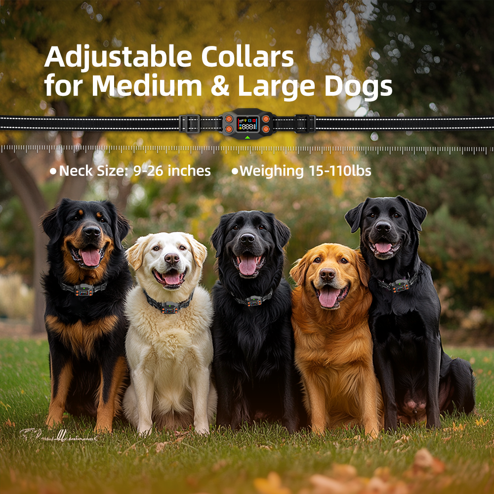 F830 GPS Wireless Dog Fence adjustable collars for medium and large dogs with neck sizes 9-26 inches and weight 15-110 lbs