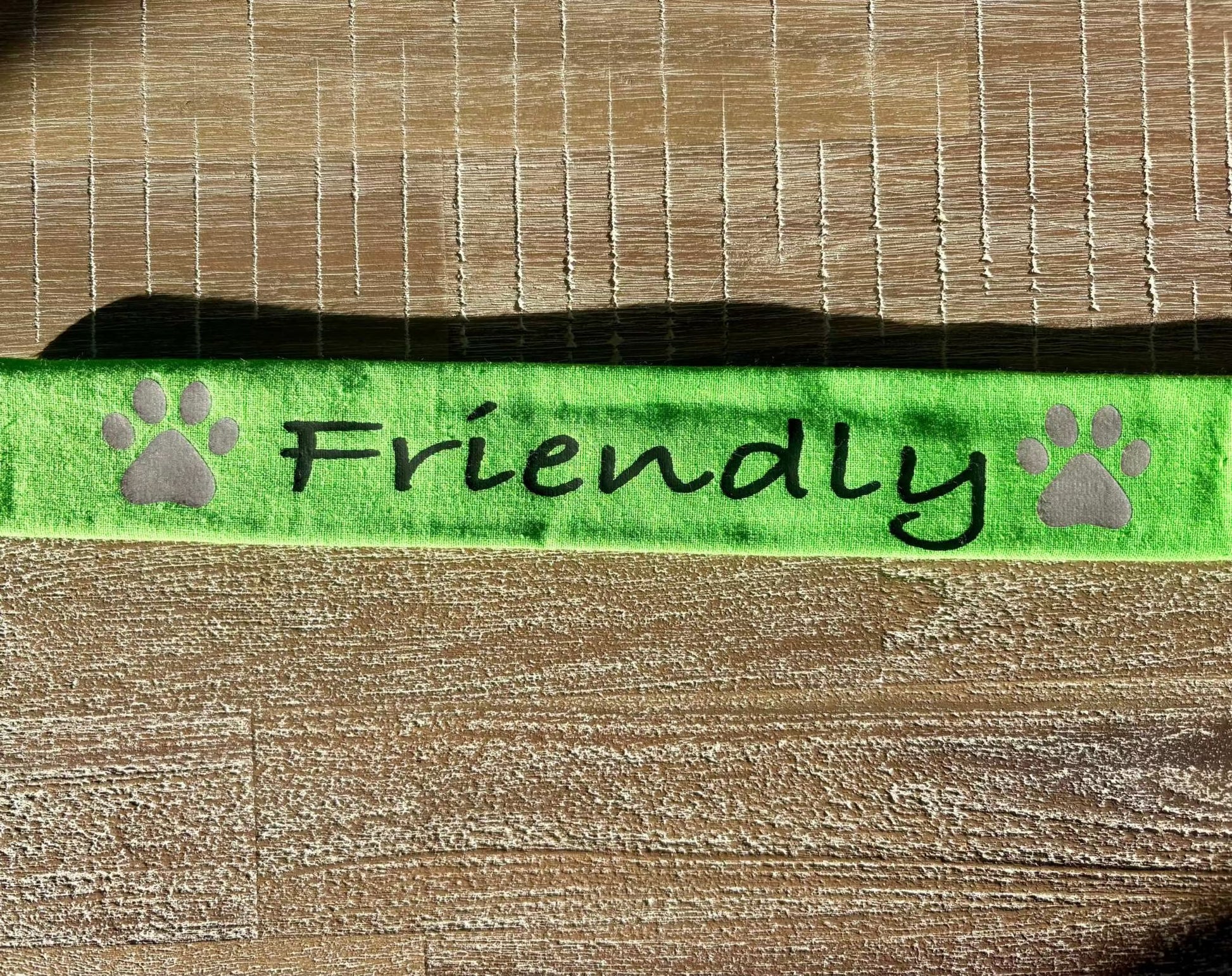 Green lead slip for dogs with reflective paw prints and "Friendly" text for clear communication and safety