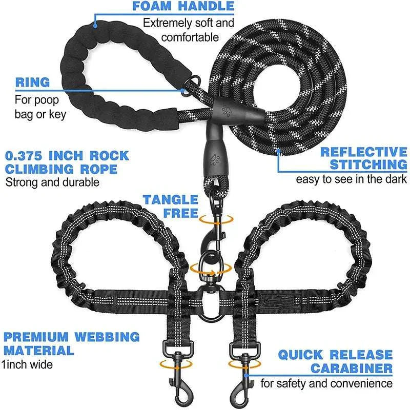 Dual bungee rope leash for walking two dogs with padded handle, tangle-free swivel, reflective stitching, and quick release carabiners