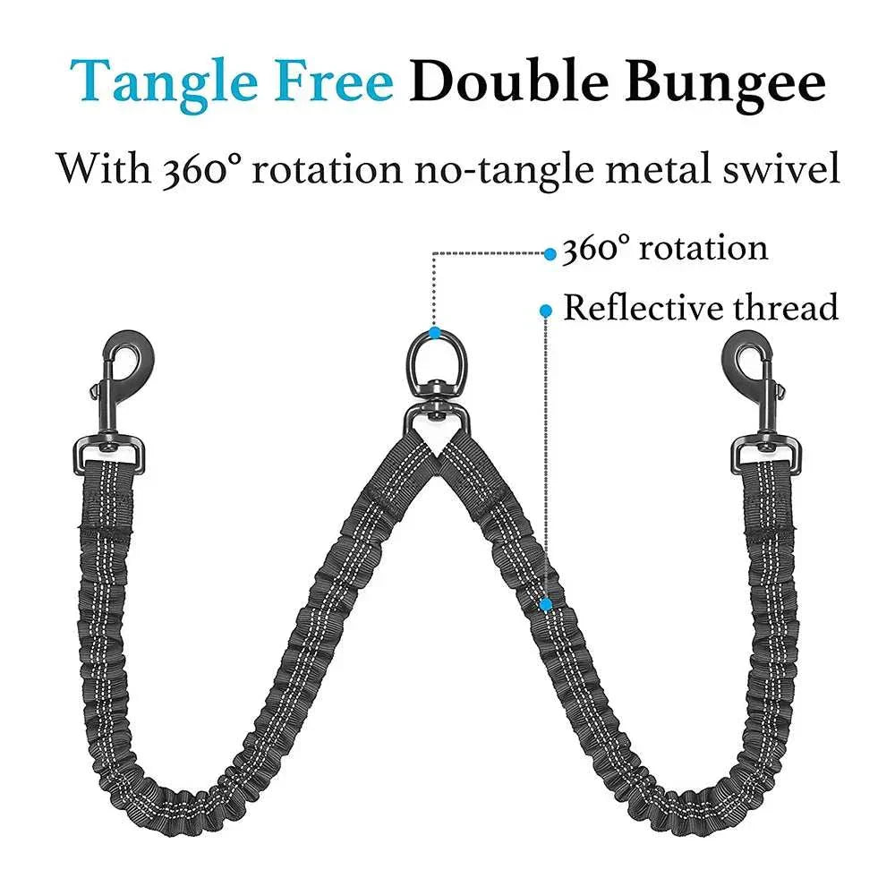 Dual bungee rope leash with 360° swivel and reflective thread for walking two dogs without tangles