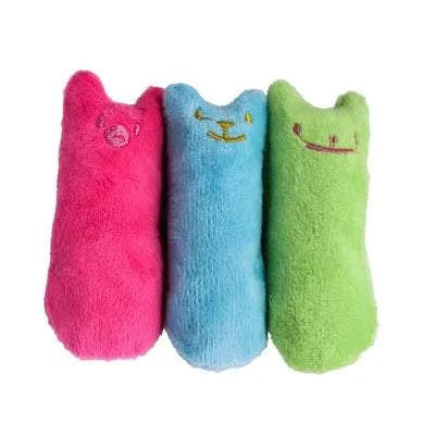 Interactive plush kicker cat toy with colorful designs for feline playtime.