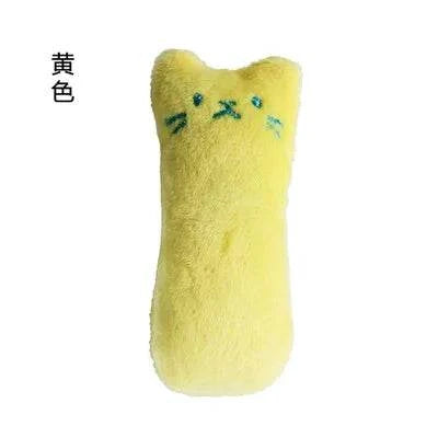 Interactive Plush Kicker Cat Toy in yellow with embroidered face, designed for feline play and teeth grinding.