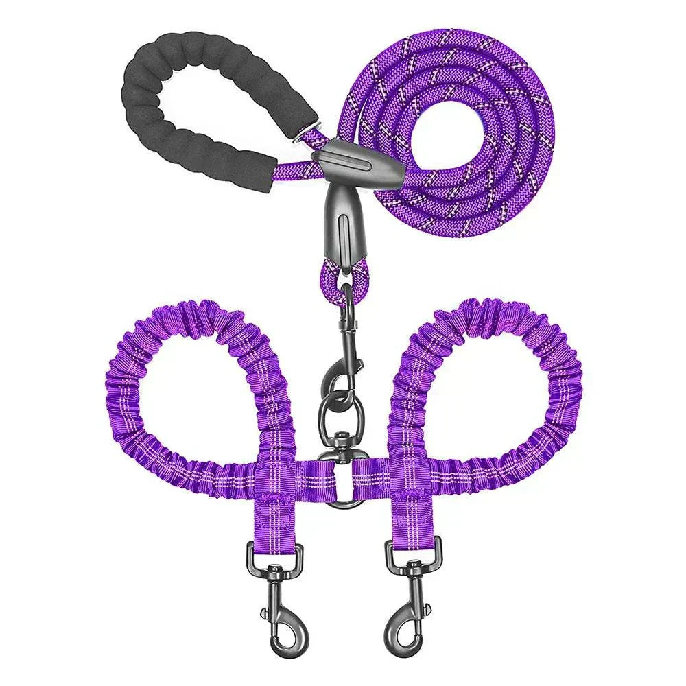 Purple dual bungee rope leash with padded handle for walking two dogs, featuring shock-absorbing and tangle-free design