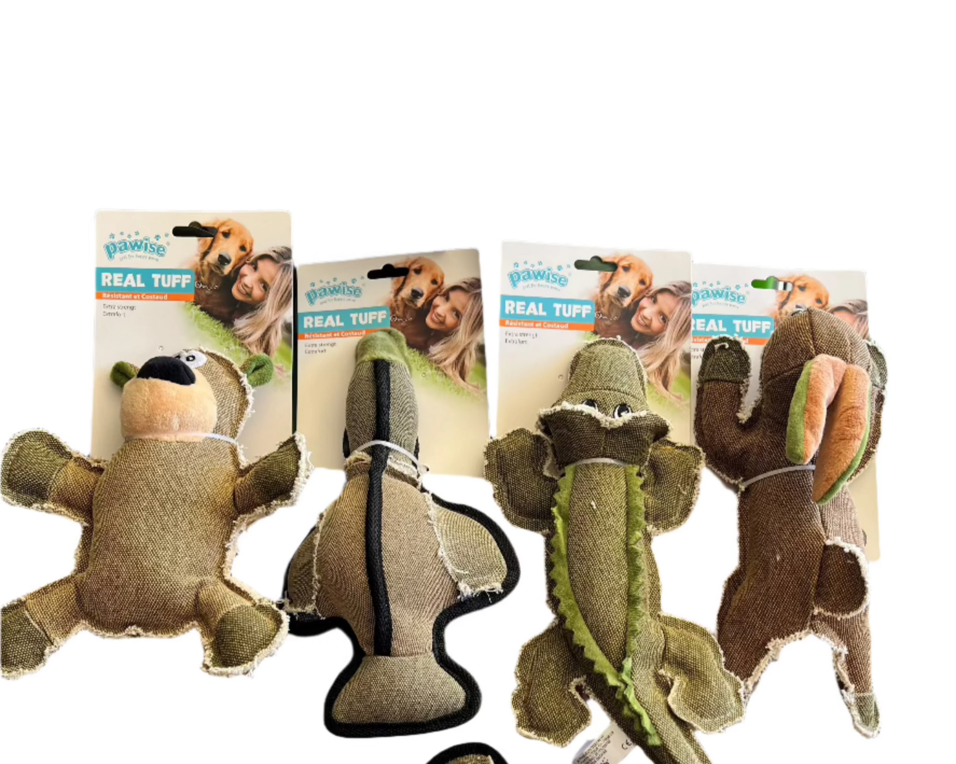 Real Tuff Dog Toys collection with Tuffy the Teddy, Ruffy the Rabbit, Dazza the Duck, and Crikey the Crocodile on display.