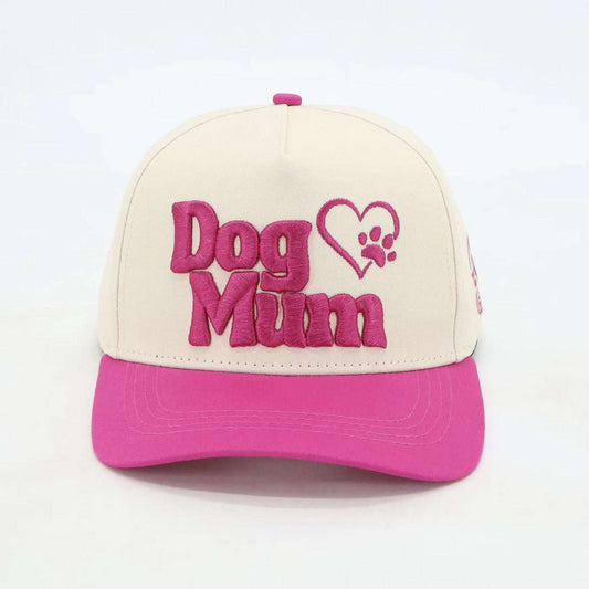 Baseball hat with "Dog Mum" embroidery, pink brim, adjustable design.