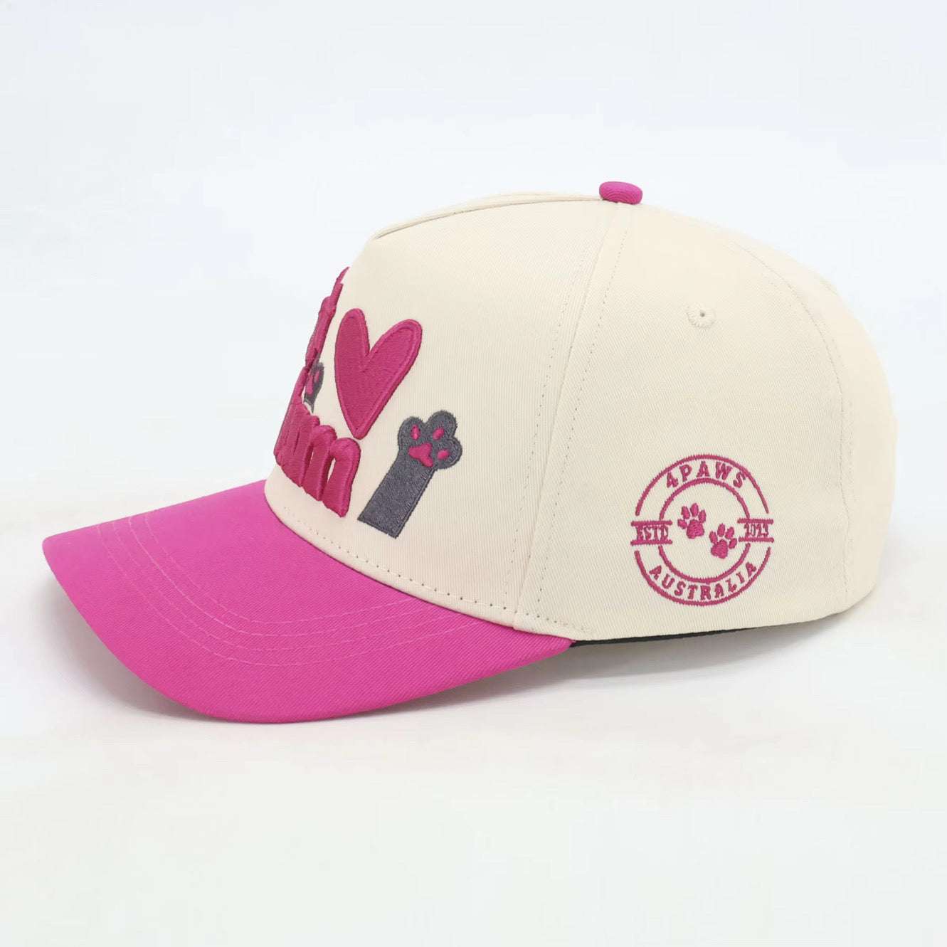 Baseball hat for pet mums with embroidered design, adjustable fit.
