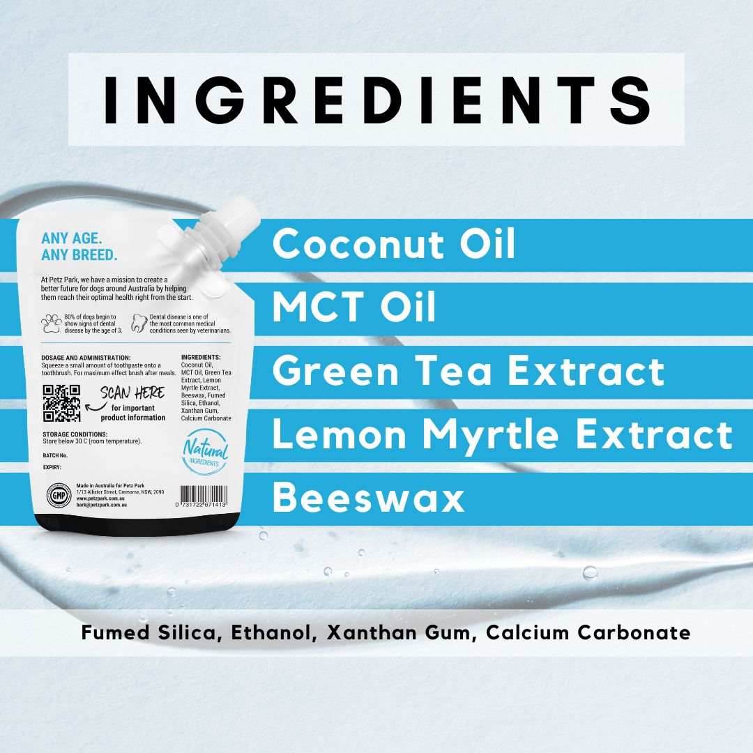 PetzPark Toothpaste for Dogs with coconut oil, MCT oil, green tea extract, lemon myrtle, and beeswax for dental health and fresh breath.