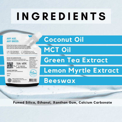 PetzPark Toothpaste for Dogs with coconut oil, MCT oil, green tea extract, lemon myrtle, and beeswax for dental health and fresh breath.