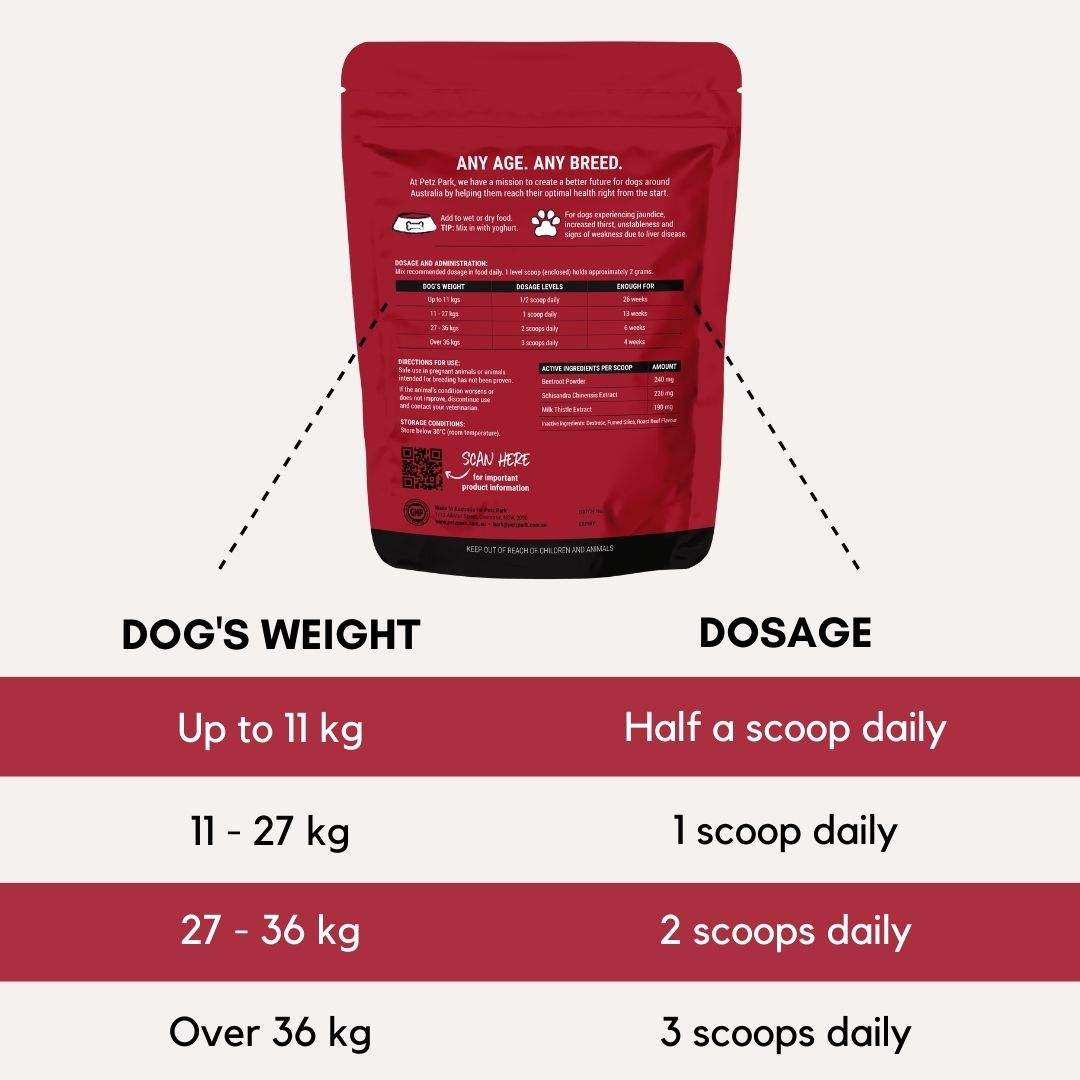 PetzPark Liver Support for Dogs 90g powder supplement with dosage chart by dog weight for liver detox and protection