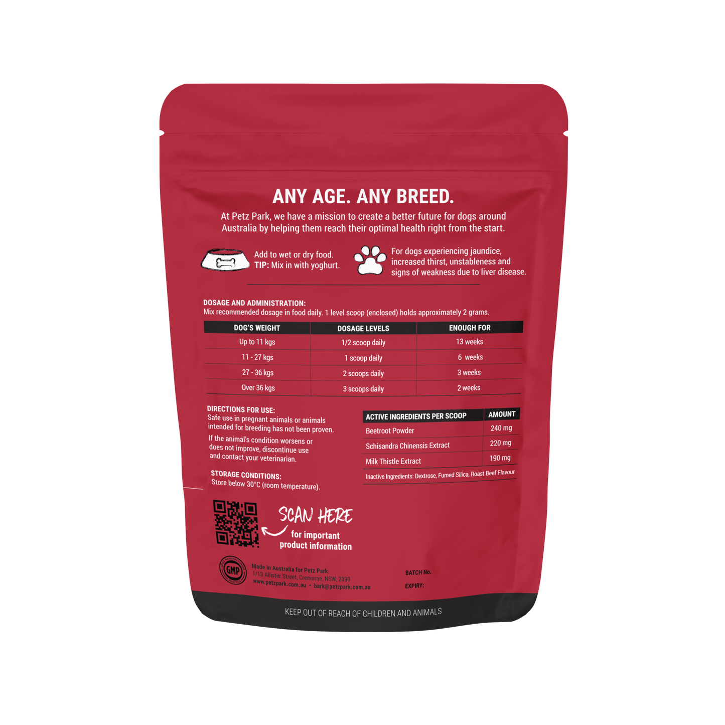 PetzPark Liver Support powder for dogs, 90g, with Milk Thistle, Beetroot, and Schisandra, detoxifies and protects, roast beef flavor, Australian-made.
