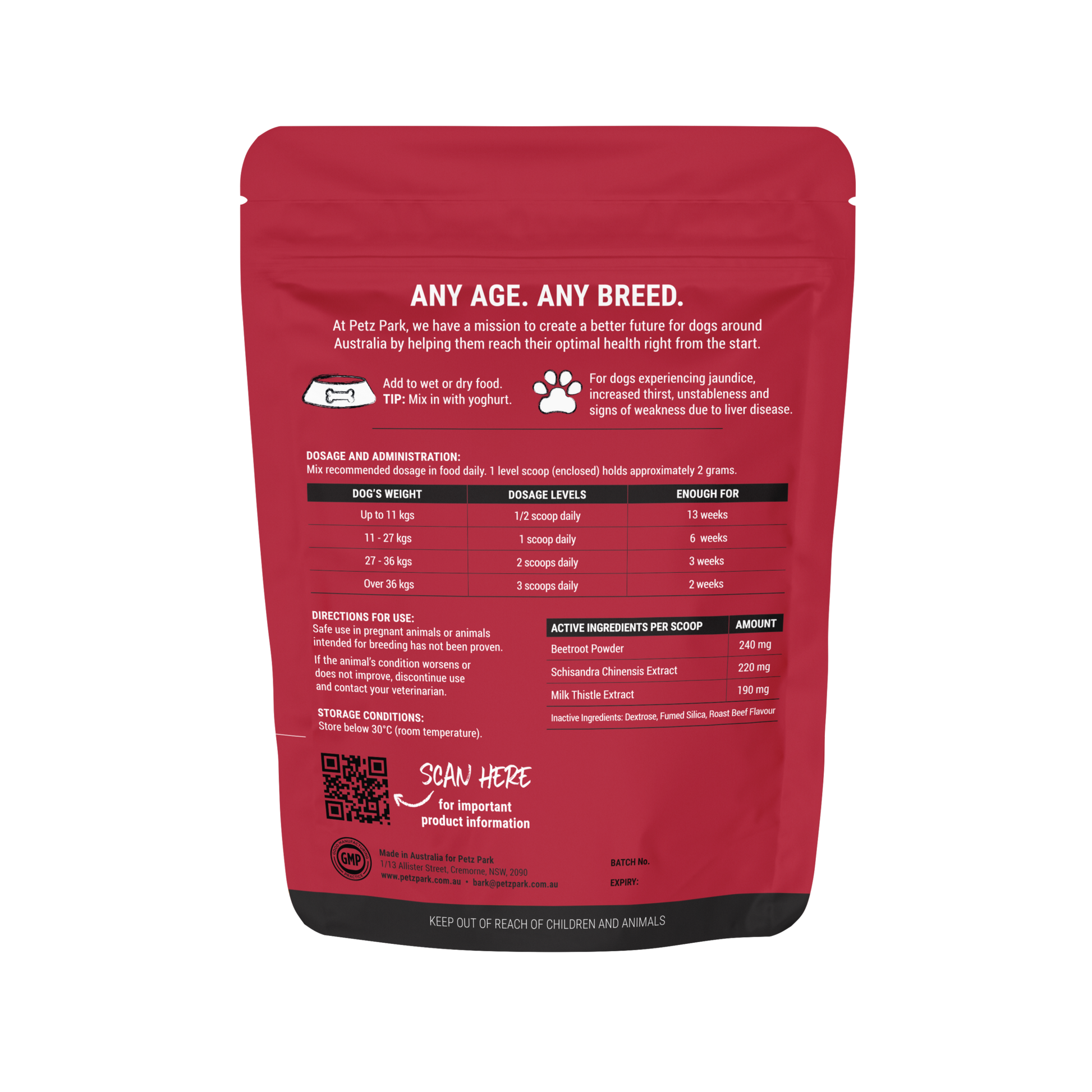 PetzPark Liver Support powder for dogs, 90g, with Milk Thistle, Beetroot, and Schisandra, detoxifies and protects, roast beef flavor, Australian-made.
